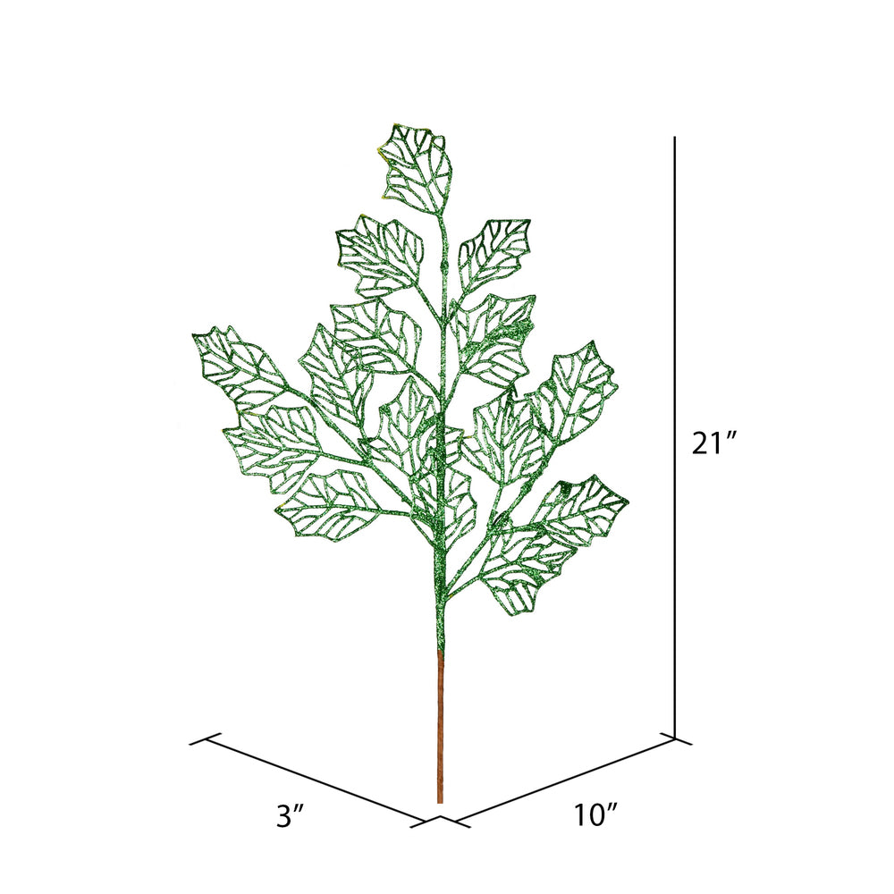 Vickerman 21" Green Glitter Holly Leaf Lace Artificial Christmas Spray. Includes 12 sprays per pack.