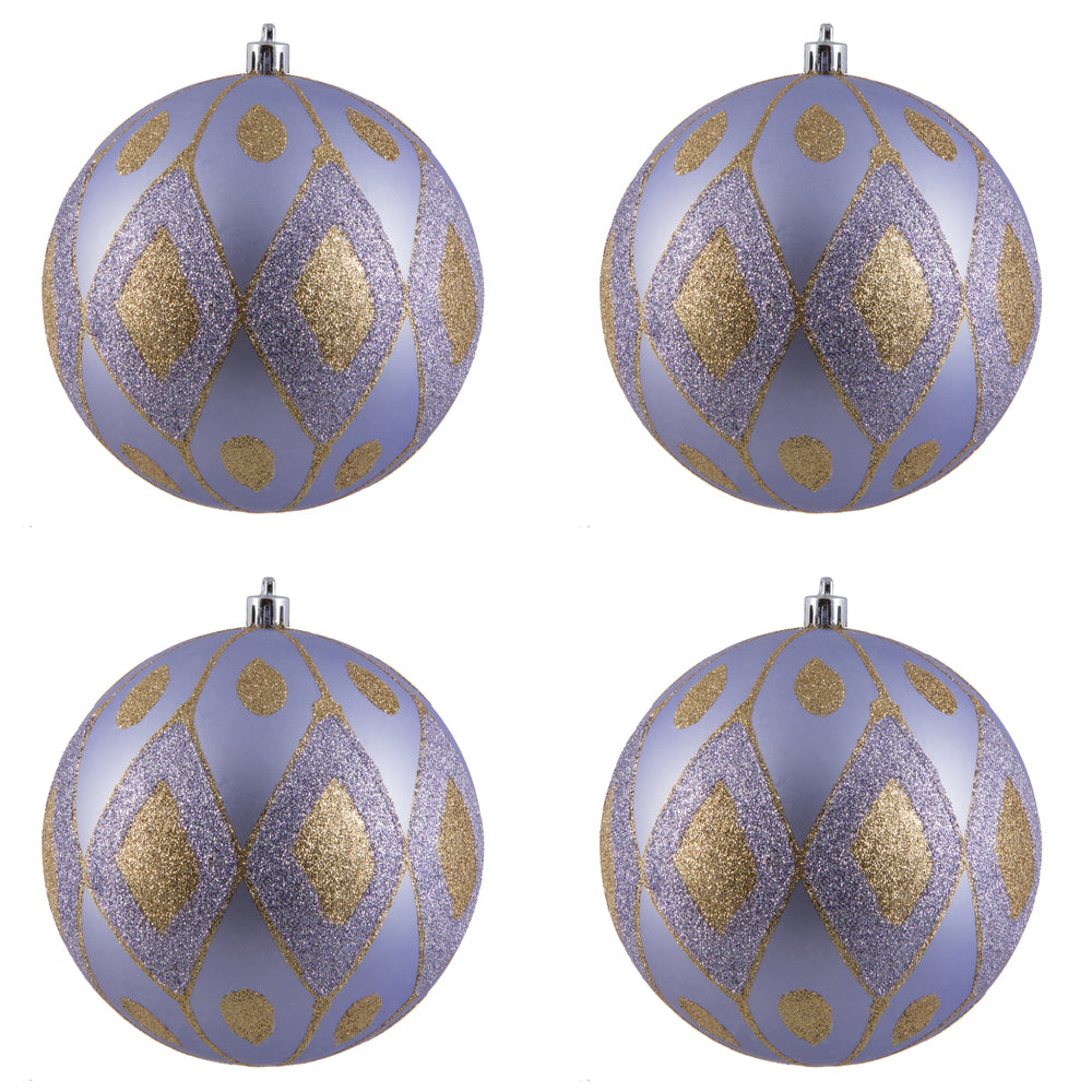 Vickerman 4.75" Lilac Matte Ball with Glitter Diamond Pattern. Add variety and sparkle to your holiday arrangement with this matte ornament that features a glitter pattern. Includes 4 pieces per bag. Made with shatterproof plastic. Ornament has a d