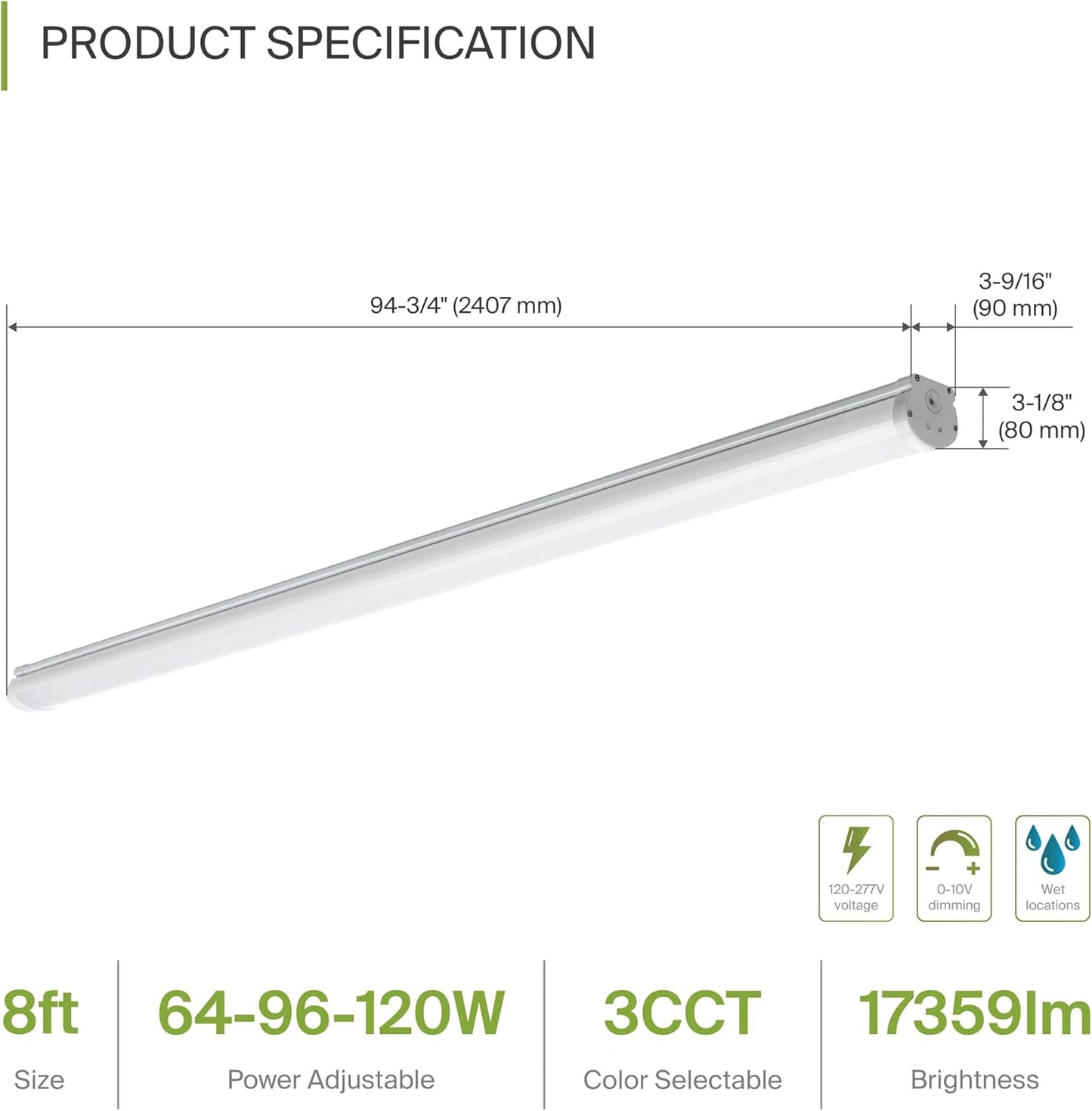 ASD Lighting LED Seamless Vapor Proof Fixture 8ft 64/96/120W 120-277V 0-10V Dimmable 125Lm/W 3500/4000/5000K White UL DLC Standard