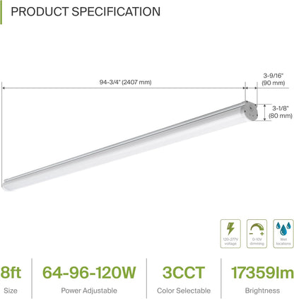 ASD Lighting LED Seamless Vapor Proof Fixture 8ft 64/96/120W 120-277V 0-10V Dimmable 125Lm/W 3500/4000/5000K White UL DLC Standard