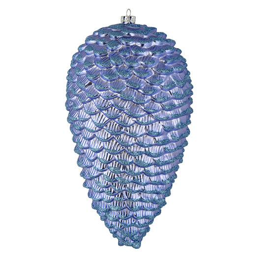 Vickerman 10" Lilac Matte Glitter Pinecone 2/Box. Add some sparkle to your holiday decorating projects with this matte pinecone that features glitter accents. Includes 2 pieces per box. Made with shatterproof plastic. Ornament has a drilled cap sec