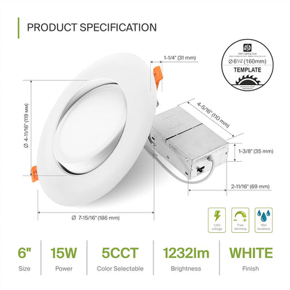 ASD Lighting LED Round Recessed Mini Panel Gimbal 6" 15W 120V Dimmable CCT Selectable 2700/3000/3500/4000/5000K White UL Energy Star 6pack