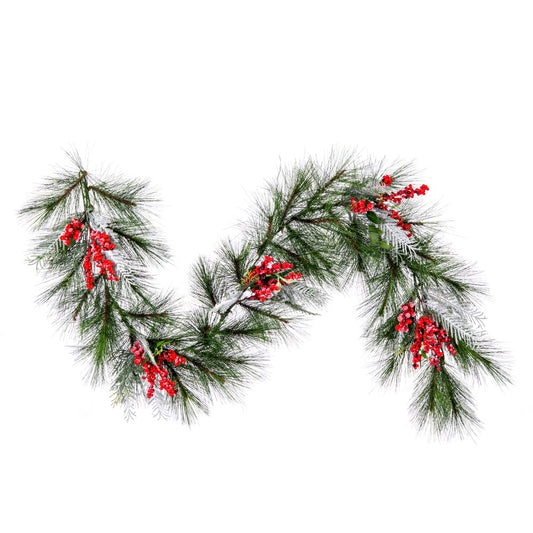 Vickerman 6' x 16" Frosted Artificial Christmas Garland with 55 PE Tips with Red Berries Green and Frosted Foliage