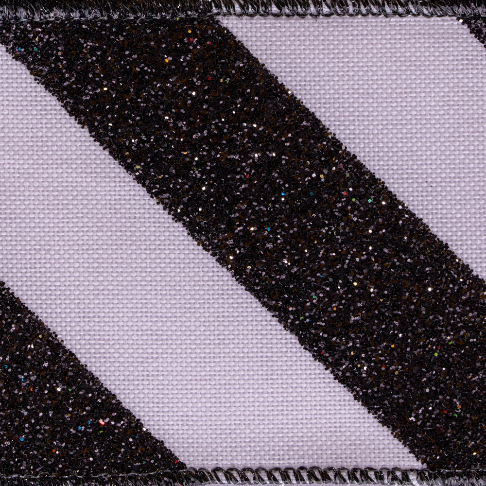 Vickerman 2.5" x 10 Yards White Black Glitter Diagonal Stripe Ribbon.