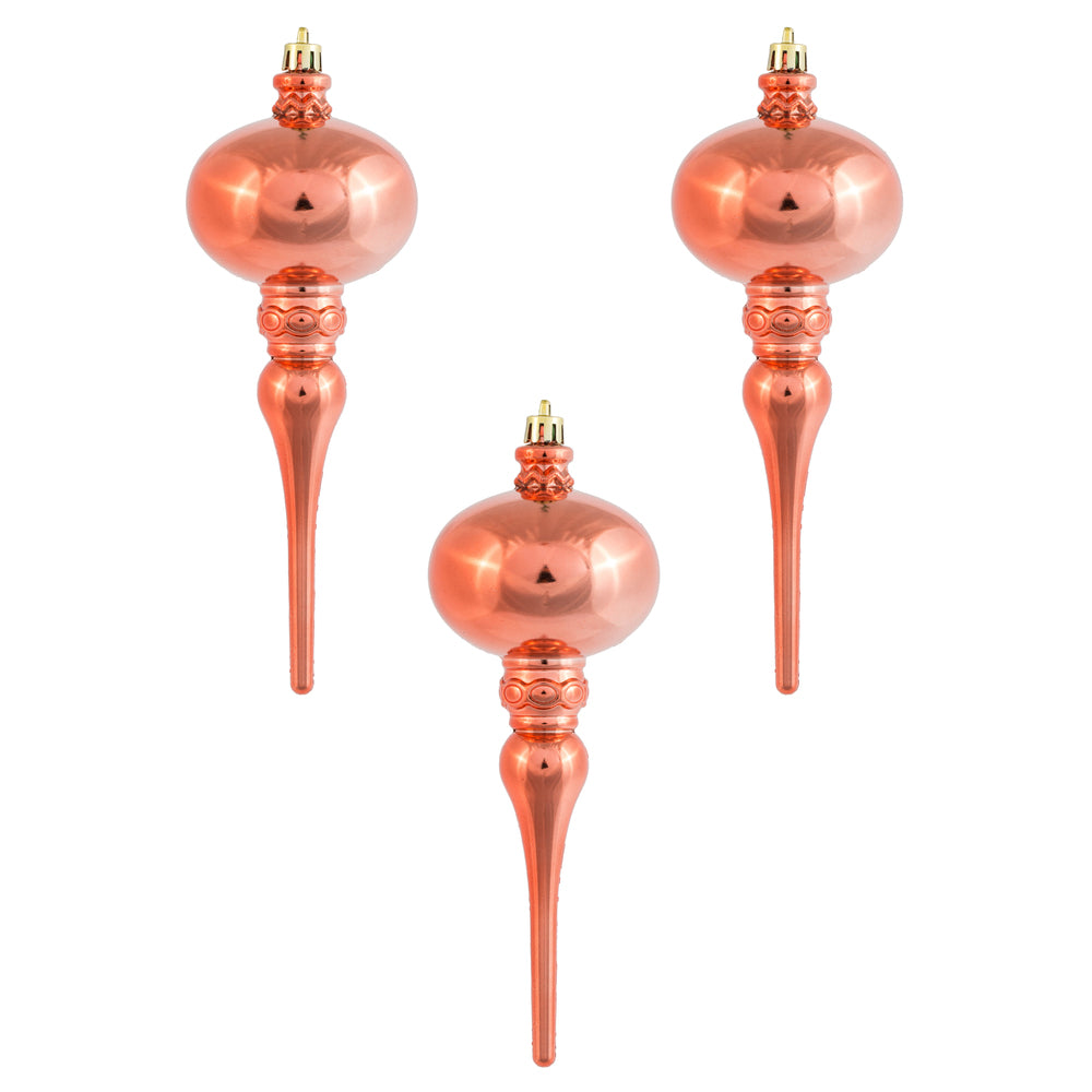 8" x 2.75" Coral Shiny Finial Ornament with drilled and wired caps. Comes 3/bag.