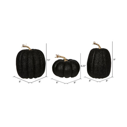 Vickerman 8" Black Pumpkins Set of 3. Three pieces assorted Fabric pumpkin with polystyrene inner.