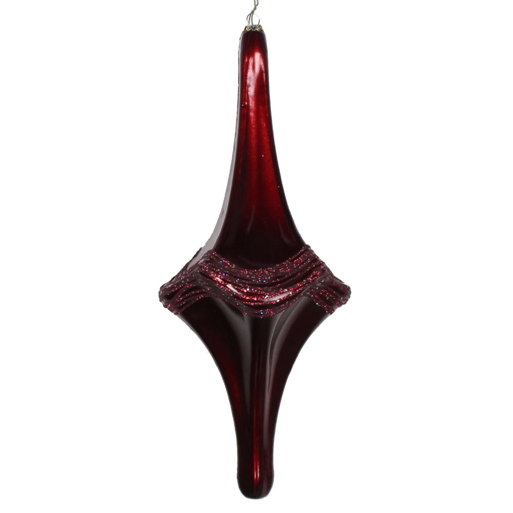 Vickerman 12" Burgundy Candy Glitter Drop Ornament. This ornament is the perfect addition to any holiday decorating project. Each ornament features a drilled cap with threaded wire for easy decorating.