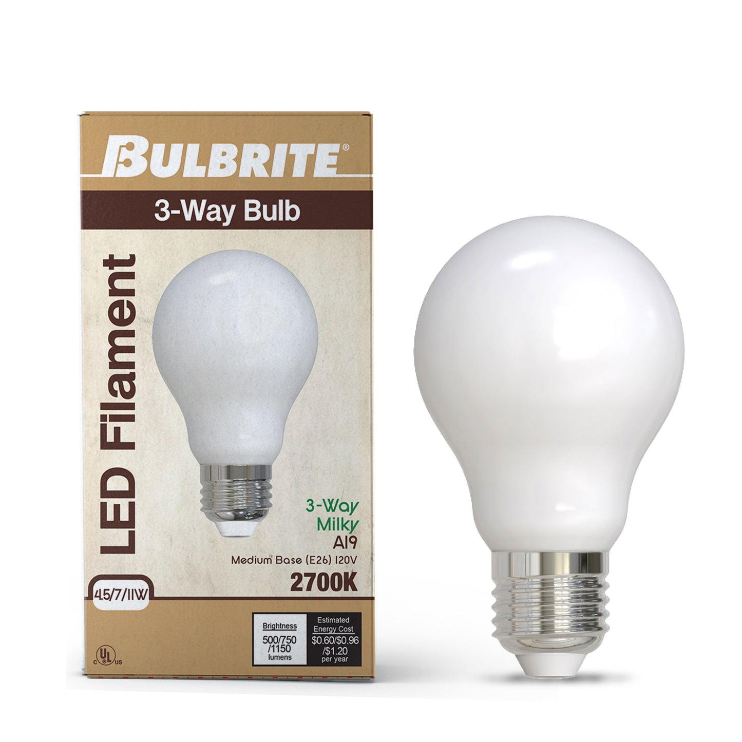 Bulbrite 776520 5/8/10W (40/60/75W Equiv.) Warm White (2700K) A19 E26 Base 3-Way LED Light Bulb