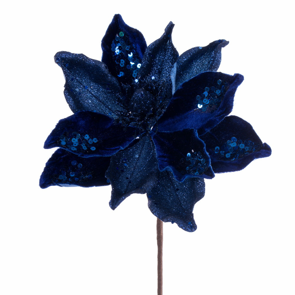 Vickerman 15" Artificial Midnight Blue Deluxe Magnolia Christmas Stem 8" Flower 6 per bag