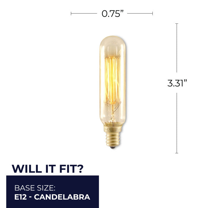 Bulbrite NOS25T6/SQ/E12 25 Watt Nostalgic Incandescent Edison T6 Tube, Vintage Thread Filament, Candelabra Base, Antique Finish