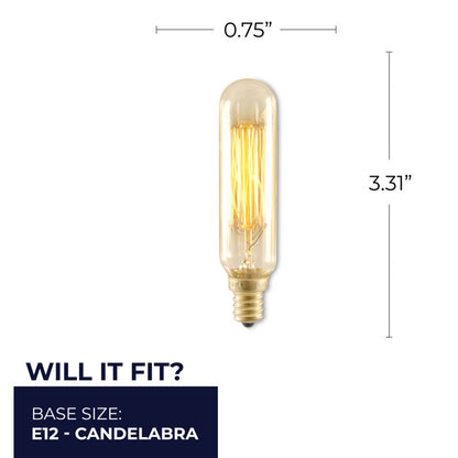 Bulbrite NOS25T6/SQ/E12 25 Watt Nostalgic Incandescent Edison T6 Tube, Vintage Thread Filament, Candelabra Base, Antique Finish