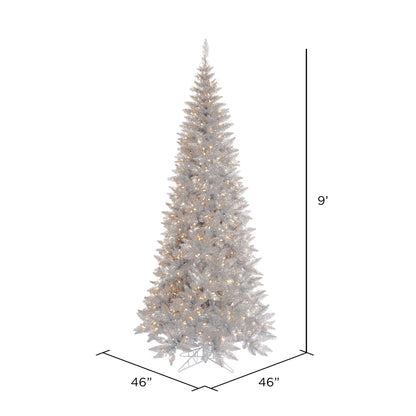 Vickerman 9' Silver Tinsel Fir Slim Artificial Christmas Tree Warm White Dura-lit LED Lights