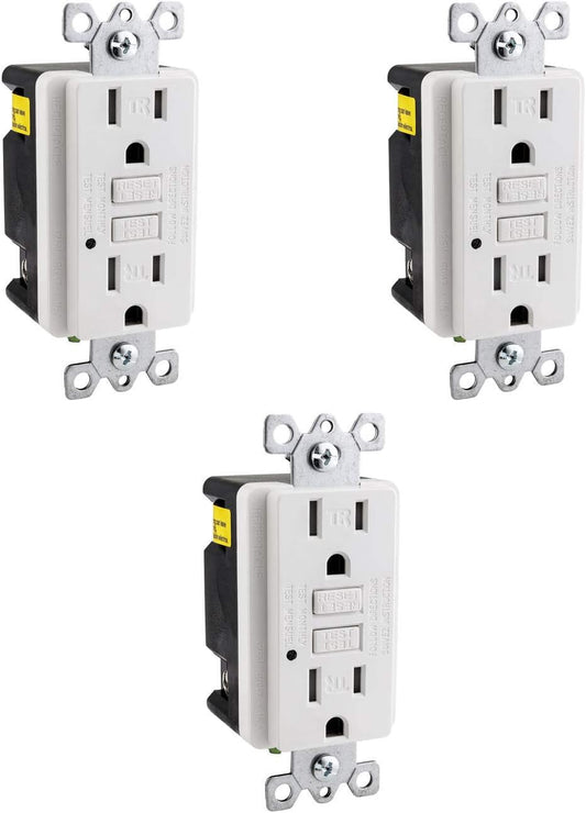 Sunlite 41440 E542 GFCI Duplex Outlet, 15 Amp, 120 VAC, 2 Pole/3 Wire, Tamper Resistant, Matching Wallplate Included, LED Indicator Light, ETL Listed, Self-Testing, White, 3 Pack