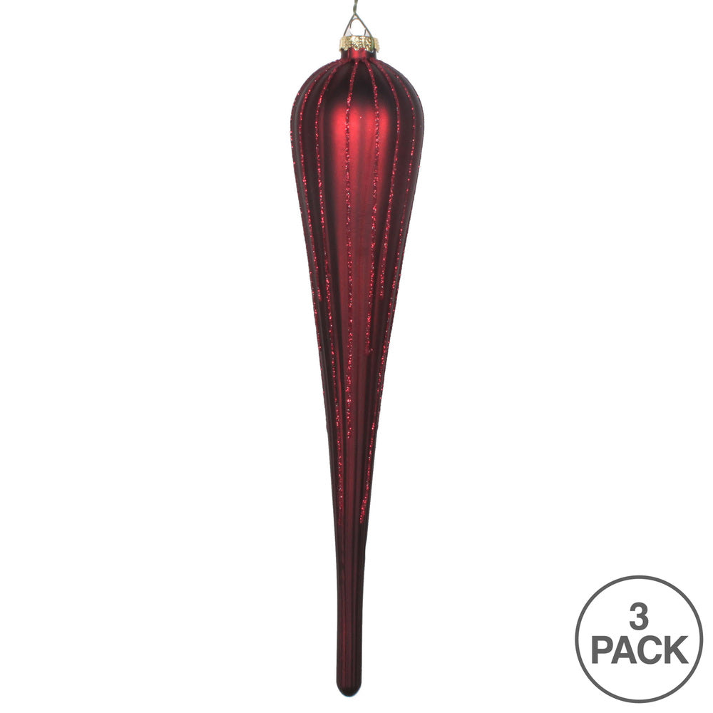 Vickerman 11" Burgundy Matte Glitter Drop Christmas Ornament Set of 3