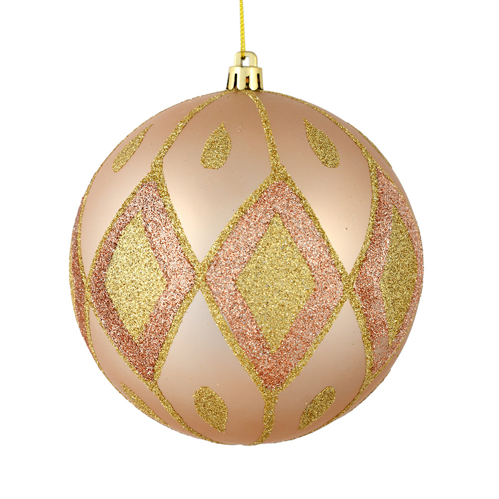 Vickerman 6" Café Latte Matte Ball with Glitter Diamond Pattern. Add variety and sparkle to your holiday arrangement with this matte ornament that features a glitter pattern. Includes 3 pieces per bag. Made with shatterproof plastic. Ornament has a drille