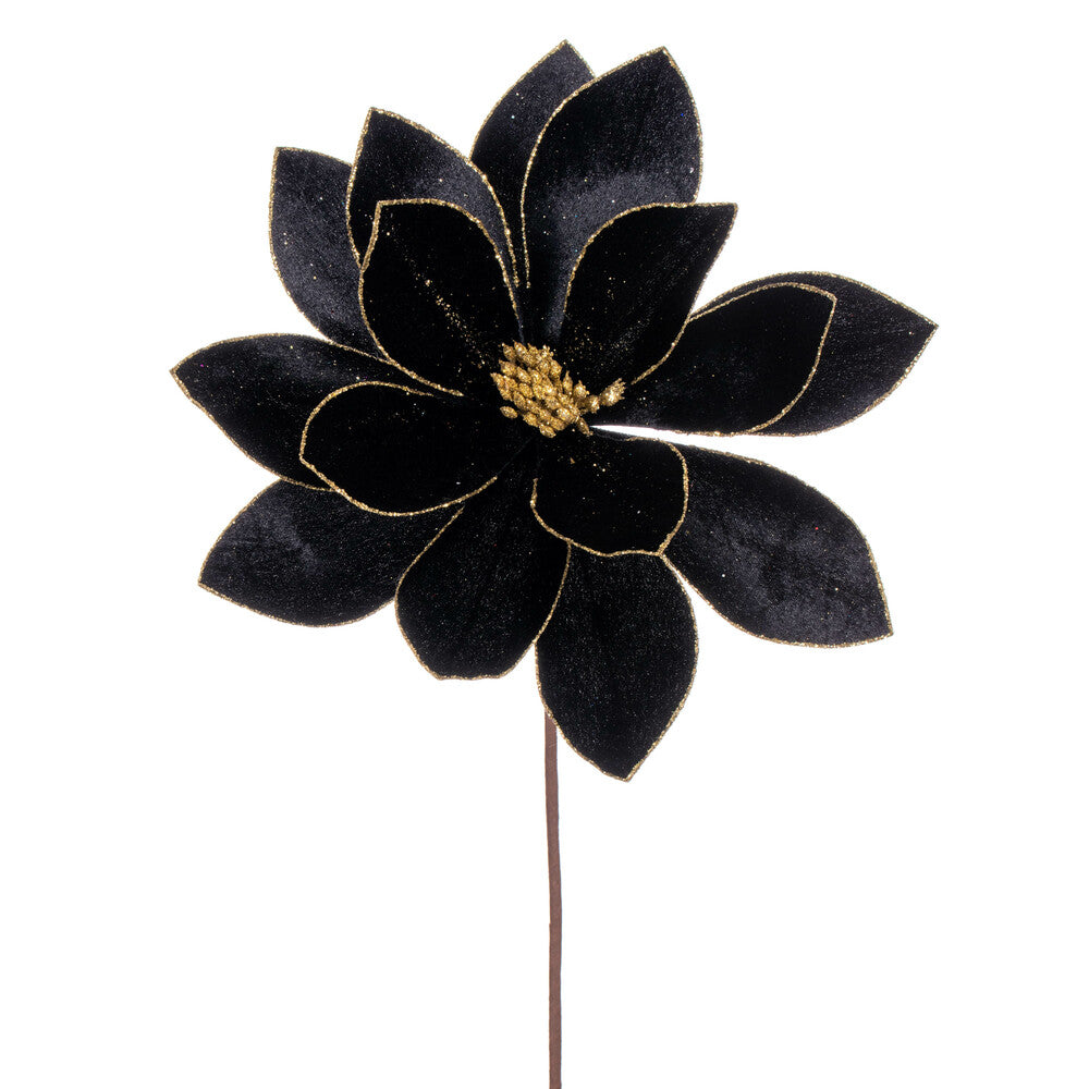 Vickerman 22" Black Velvet Sheen Glitter Trim Poinsettia Stem 4 per bag.