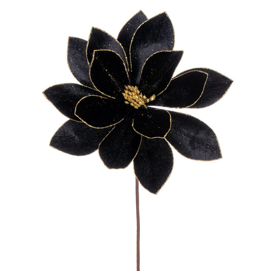 Vickerman 22" Black Velvet Sheen Glitter Trim Poinsettia Stem 4 per bag.