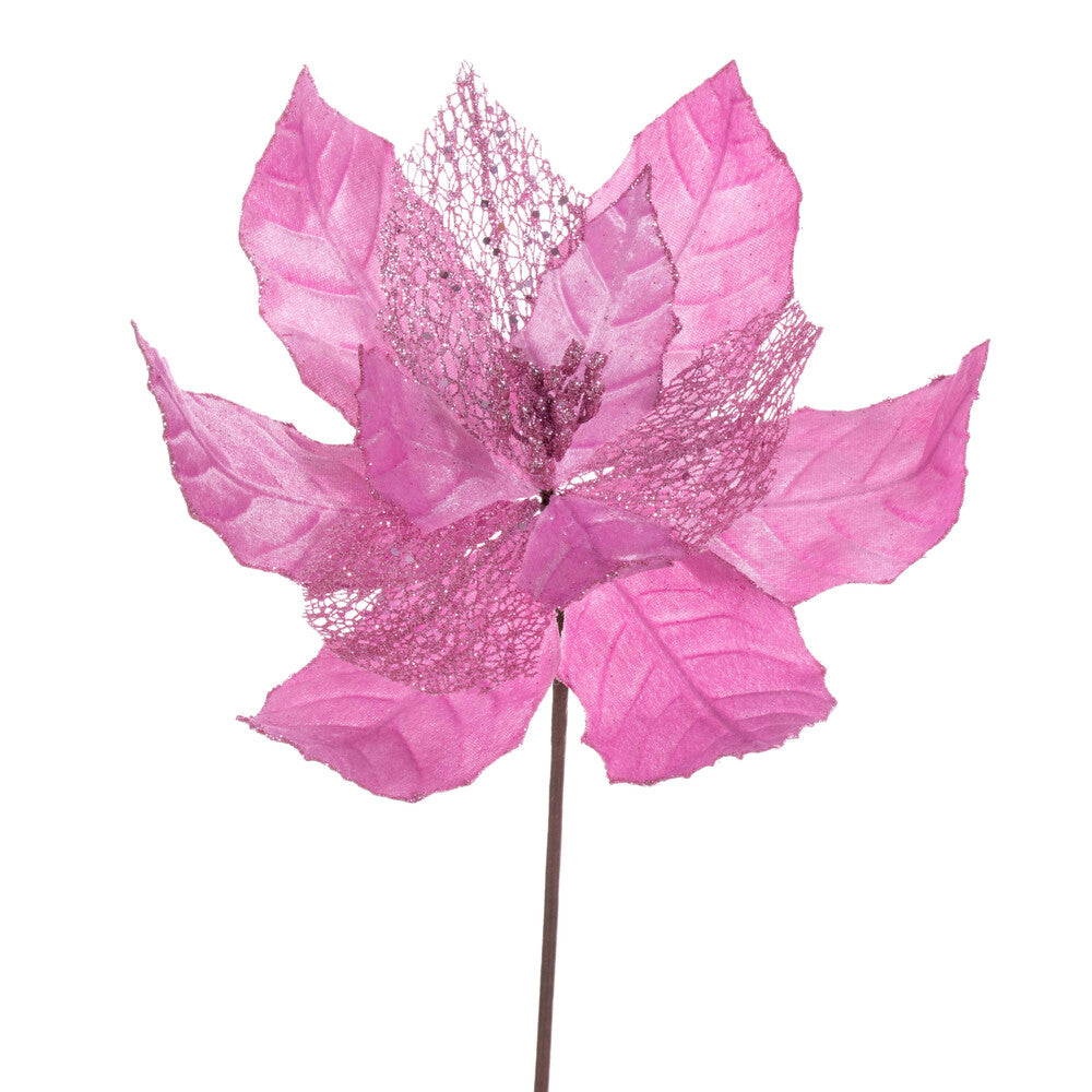 Vickerman 11" Pink Velvet and Glitter Mesh Poinsettia Flower on Stem 6 per bag.