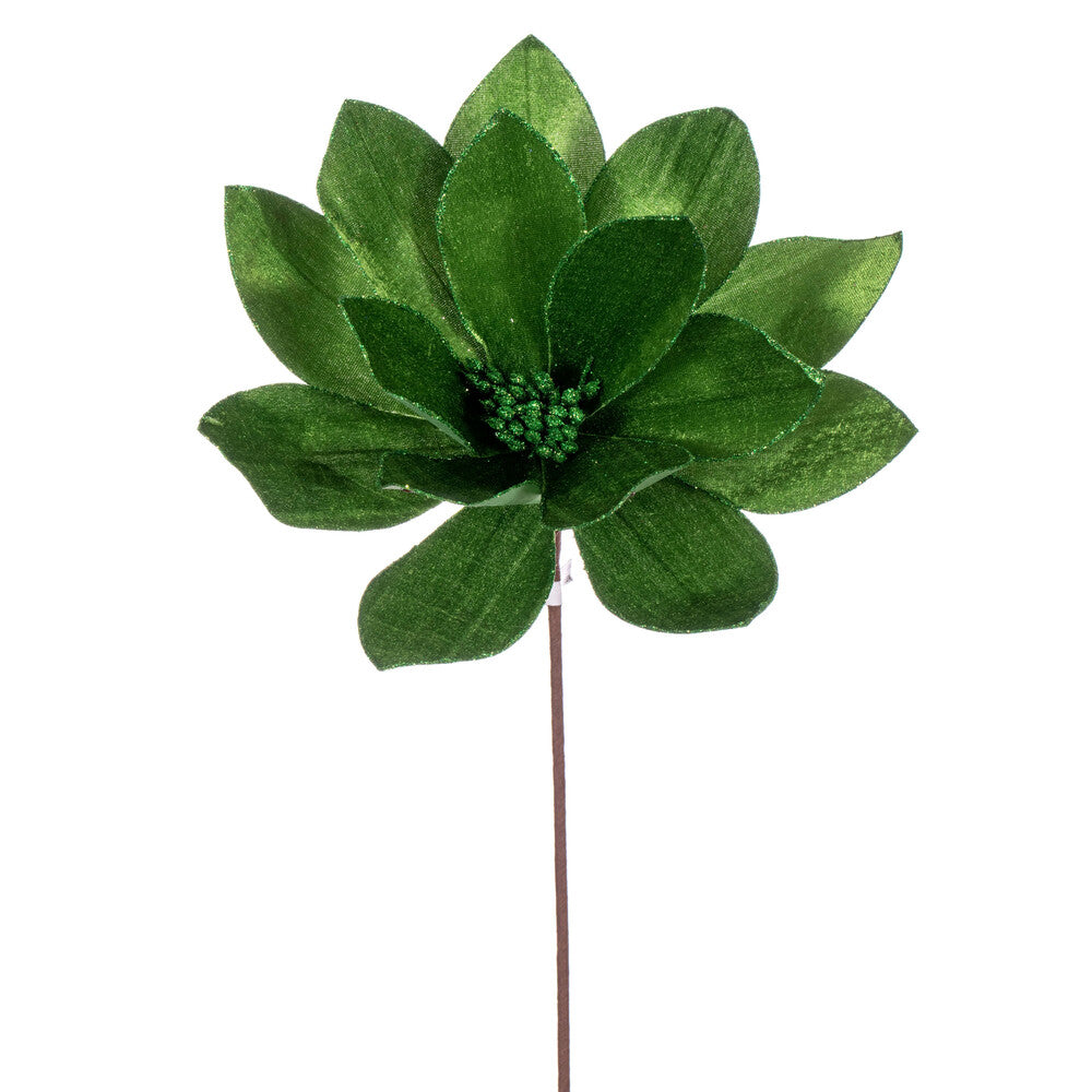Vickerman 22" Green Velvet Sheen Glitter Trim Poinsettia Stem 4 per bag.