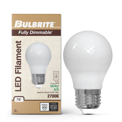 Bulbrite 862059 LED Filament Pack of (4) 7 Watt Dimmable A15 Light Bulb with Milky Glass Finish and Medium (E26) Base - 2700K (Warm White Light), 800 Lumens