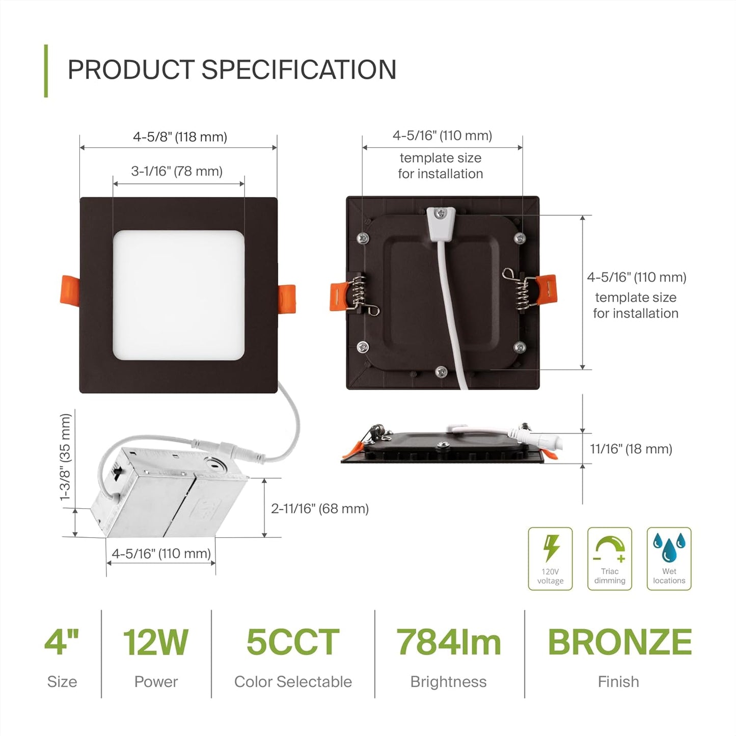 ASD Lighting LED Recessed Mini Panel Square 4inch 12W 120V Triac 2700/3000/3500/4000/5000K Bronze UL Energy Star 6 pack