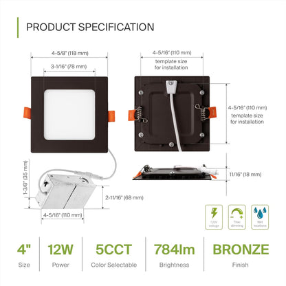 ASD Lighting LED Recessed Mini Panel Square 4inch 12W 120V Triac 2700/3000/3500/4000/5000K Bronze UL Energy Star 6 pack