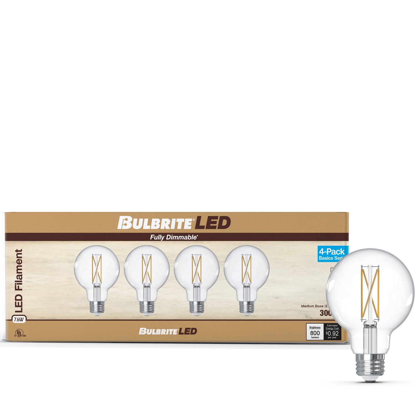 Bulbrite 776240 LED Filament Pack of 4, 7.6 Watt Dimmable G25 Light Bulb with Clear Finish and Medium Screw E26 Base - 3000K(Soft White Light), 800 lumens