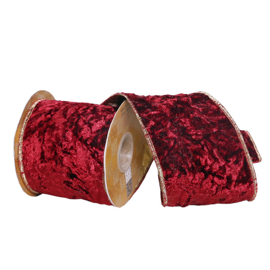 Vickerman 4" x 5 Yards Wine Crushed Velvet Wired Edge Christmas Ribbon.