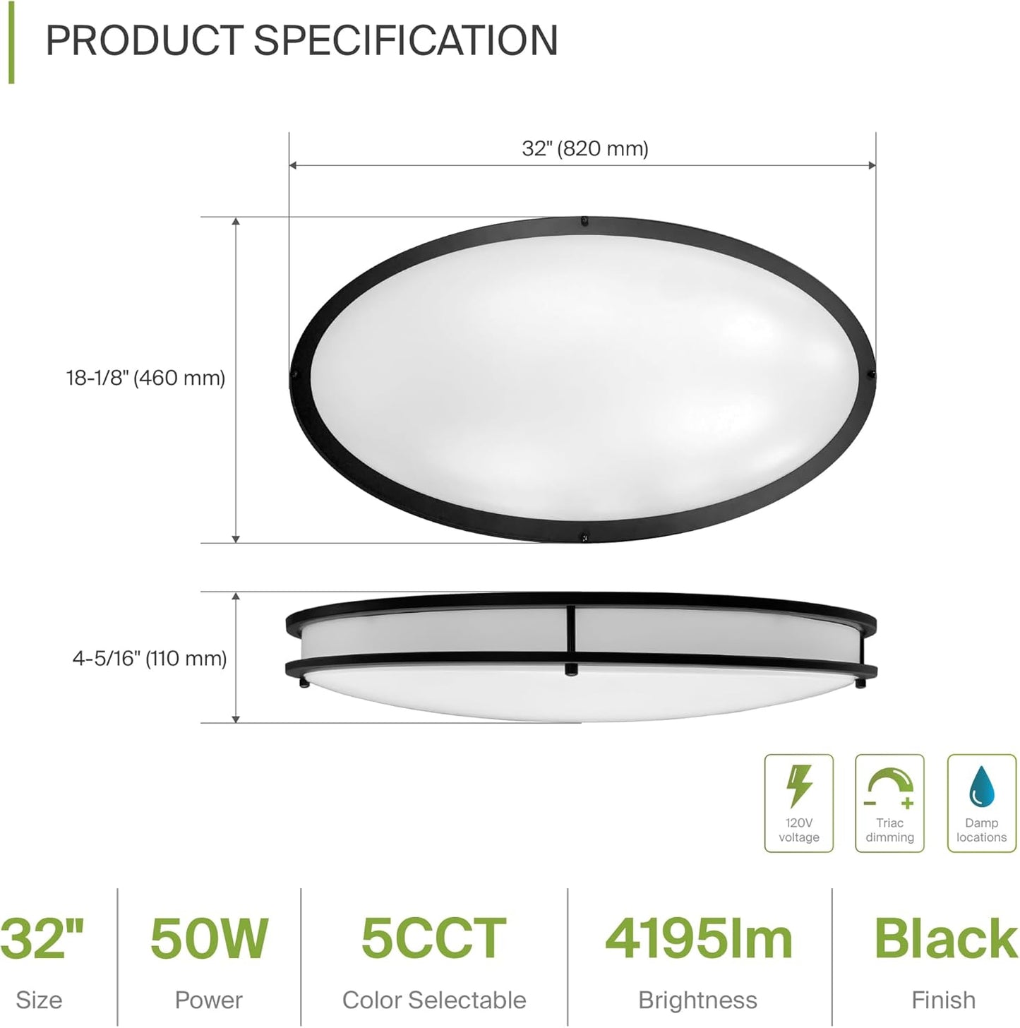 ASD Lighting LED Double Ring Flushmount Oval 32inch 50W 120V Triac 2700/3000/3500/4000/5000K Black ETL