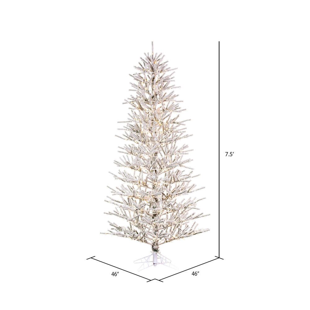 Vickerman 7.5' x 46" Flocked Slim Pistol Pine Artificial Christmas Tree with Warm White LED Lights.