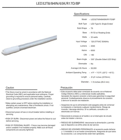 Damar- 7Ft T8 LED Tube Light Bulb Type B Ballast Bypass Single End 32W 4500 Lumens 6500K Daylight R17D Base with Rotating Ends 120-277VAC Pack of 10- Fluorescent Replacement for Garage Workshop