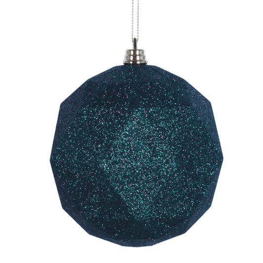 Vickerman 4.75" Midnight Green Geometric Ball Ornament Featuring a Glitter Finish. Comes 4 per bag