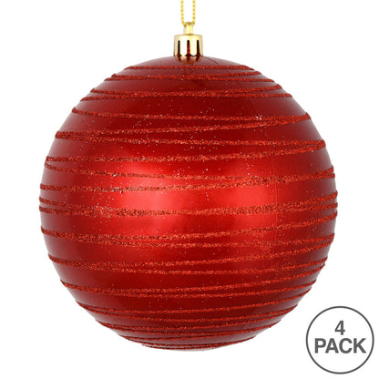 Vickerman 4.75" Red Candy Finish Ball Ornament with Glitter Lines 4 per Bag