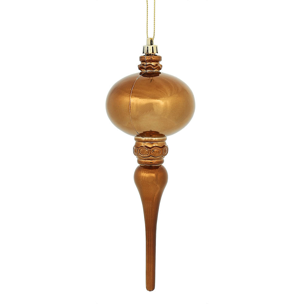 Vickerman 8" x 2.75" Mocha Shiny Finial Ornament with drilled and wired caps. Comes 3 per Bag.