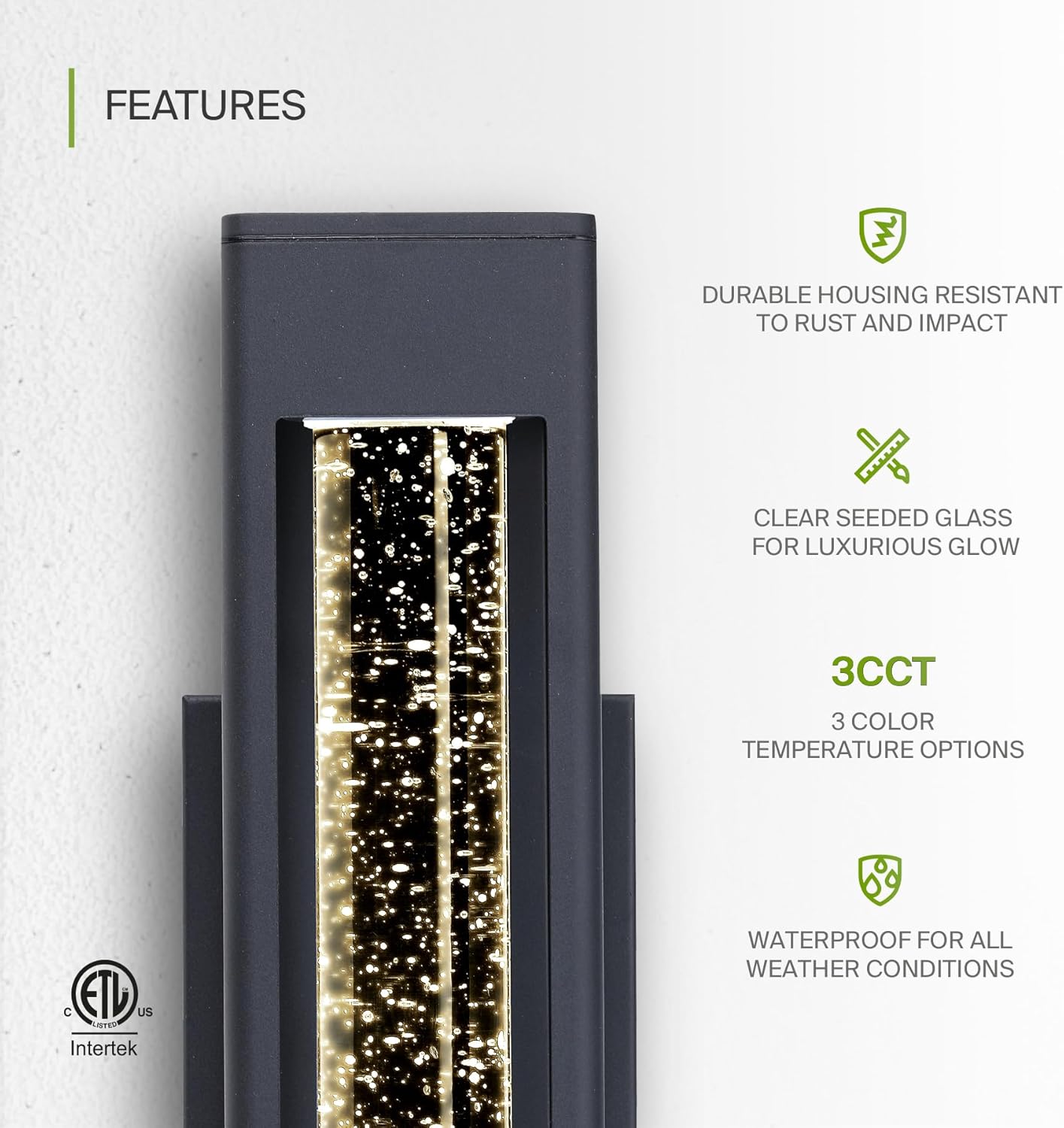 ASD Lighting LED Outdoor Wall Sconce 14" 12W CCT Selectable 3000/4000/5000K Dimmable Clear Seeded Glass, Black ETL