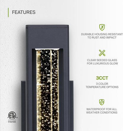 ASD Lighting LED Outdoor Wall Sconce 14" 12W CCT Selectable 3000/4000/5000K Dimmable Clear Seeded Glass, Black ETL