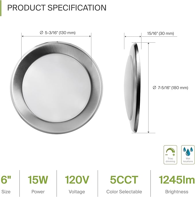 ASD Lighting LED Disk Light 6inch 15W 120V Triac 2700/3000/3500/4000/5000K Nickel UL