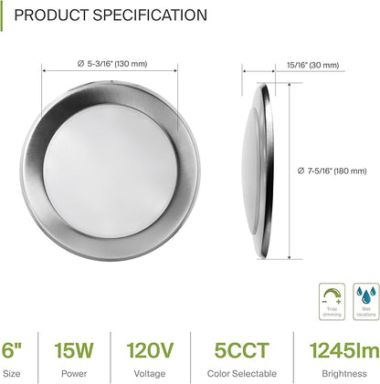ASD Lighting LED Disk Light 6inch 15W 120V Triac 2700/3000/3500/4000/5000K Nickel UL