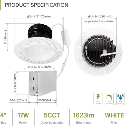 ASD LED Trimless Downlight Gimbal Round 4inch 17W 120V Triac 2700/3000/3500/4000/5000K White ETL