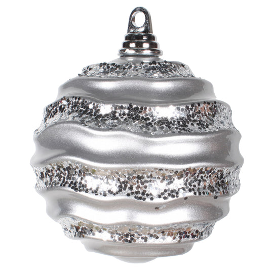 Vickerman 6" Silver Stripe Candy Finish Wave Ball Christmas Ornament with Glitter Accents