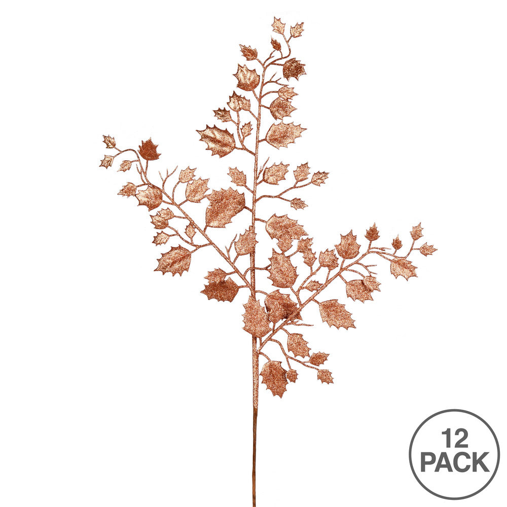 Vickerman 27" Rose Gold Glitter Holly Leaf Artificial Christmas Spray. Includes 12 sprays per pack.