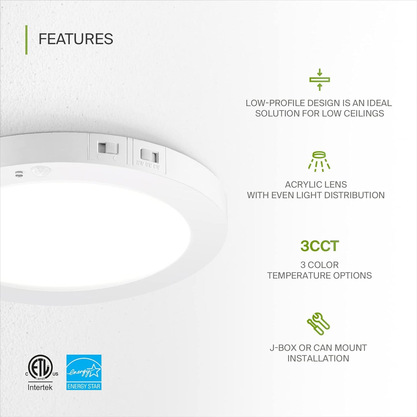 ASD Lighting LED Round Surface Mini Panel 9" 18W 120V CCT Selectable 3000/4000/5000K with Motion Sensor White ETL Energy Star