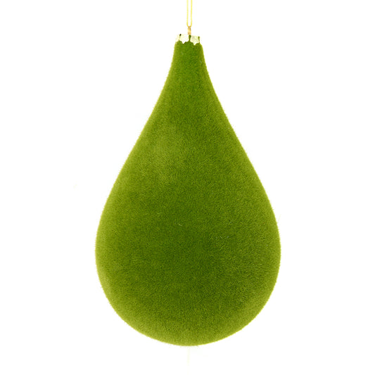 Vickerman 10.5" Moss Green Flocked Waterdrop Ornament. This ornament has a soft layer of colored flock that will add texture to any holiday decorating project. Includes 2 pieces per bag.