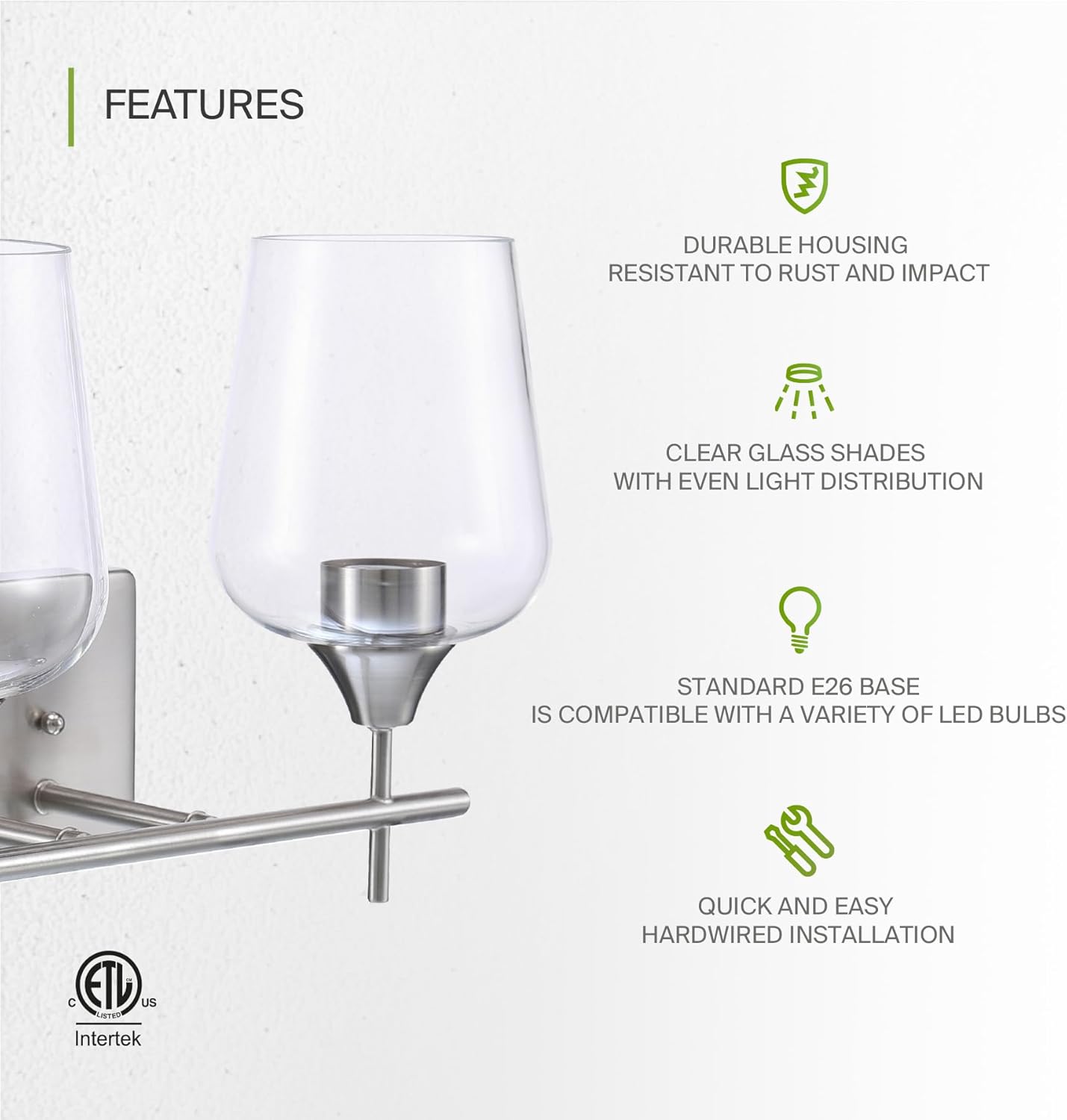 ASD Lighting 2-light Vanity Light 2xE26 60W 120V Clear Glass, Nickel ETL