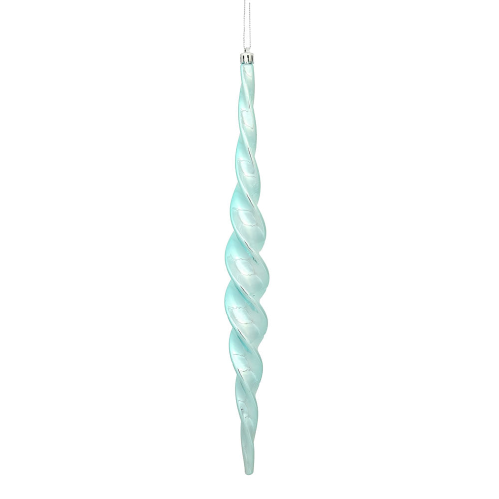 Vickerman 14.6" Baby Blue Shiny Spiral Icicle Ornament with drilled and wired caps. Comes 2 per Box.