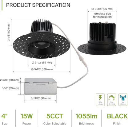 ASD Lighting LED Trimless Downlight Round 4inch 15W 120V Triac 2700/3000/3500/4000/5000K Black ETL Energy Star