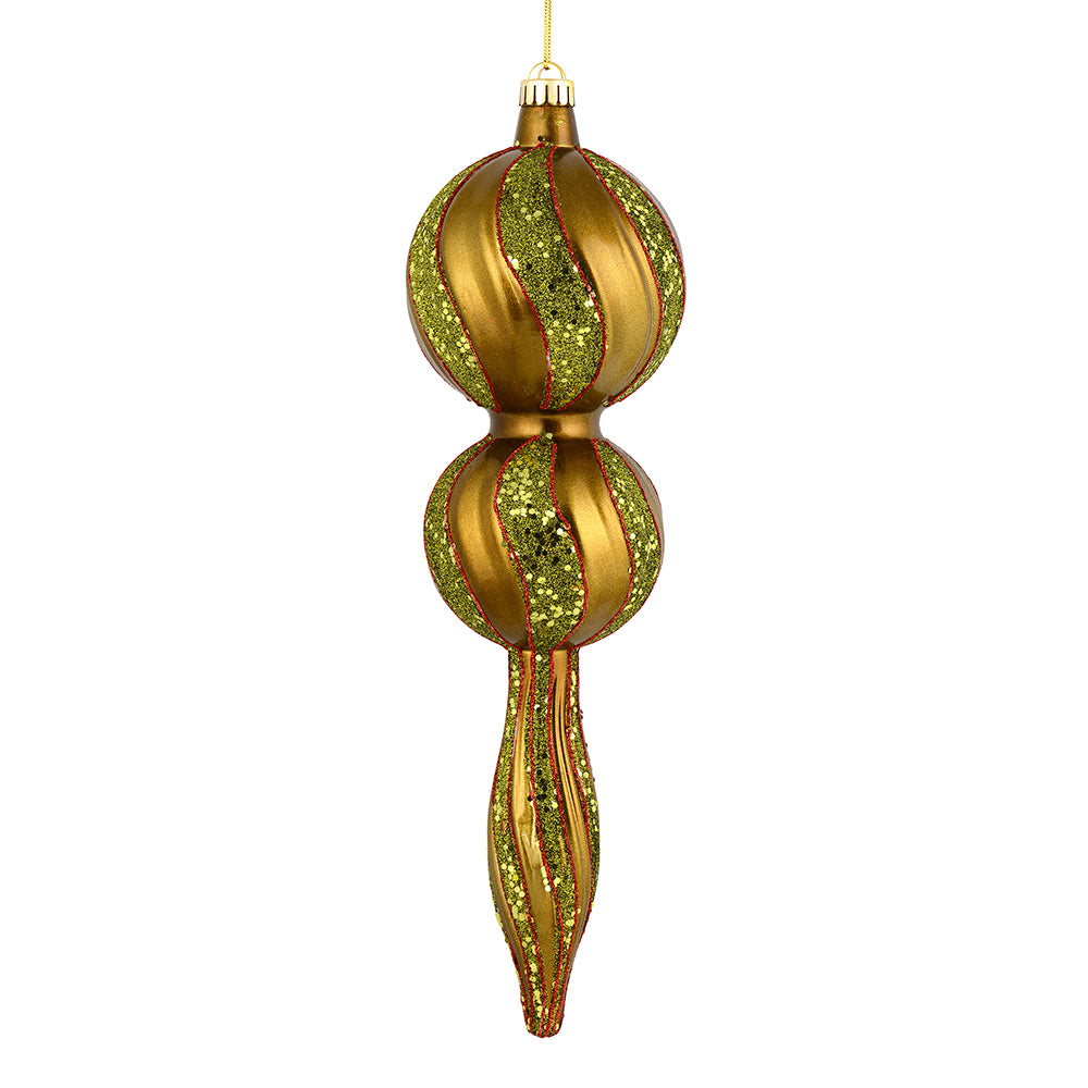 Vickerman 16.5" Olive Candy Glitter Finial. Create a beautiful holiday arrangement with this large Candy finial that features glitter accents. Made with shatterproof plastic. Ornament has a drilled cap secured with green floral wire.