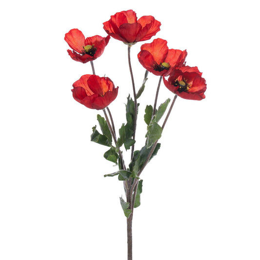 Vickerman 18" Artificial Red Poppy And Foliage Bush. Five Flowers Heads Per Bush. 3 Bushes In A Bag.