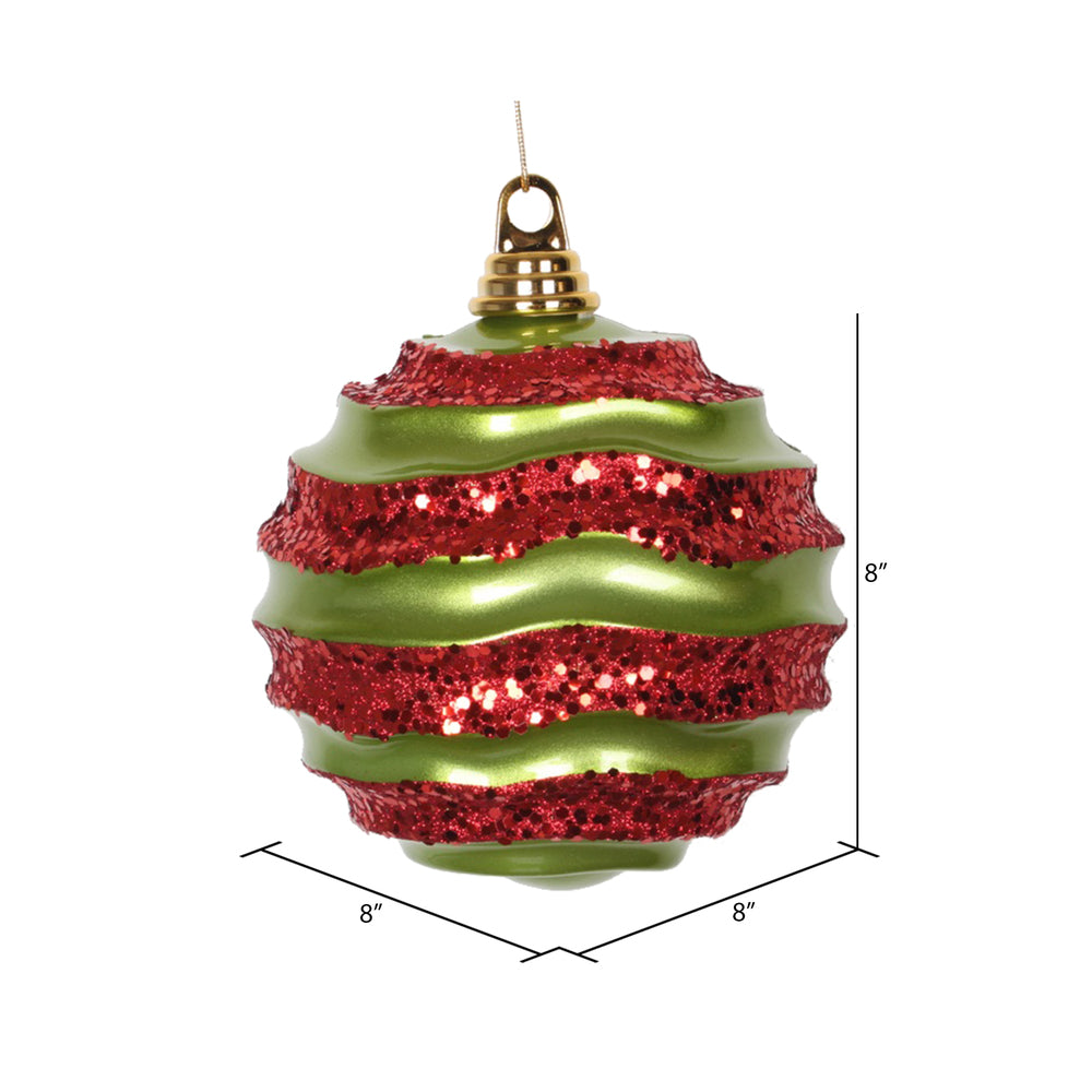 Vickerman 8' Lime and Red Stripe Candy Finish Wave Ball Christmas Ornament with Glitter Accents