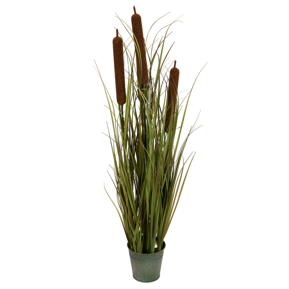 Vickerman 36" Artificial Potted Green Grass with Cattails in Iron Pot.